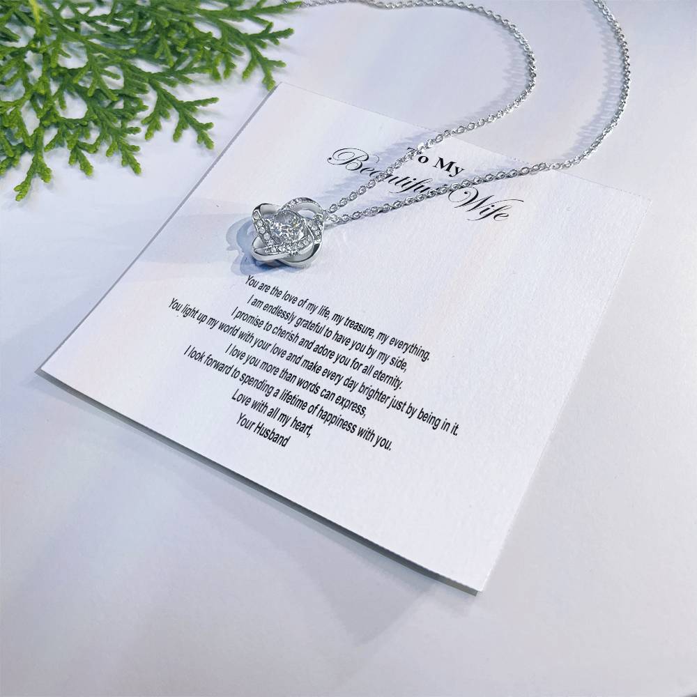 Beautiful Wife Love Knot Necklace with choice of Gift Box - 14K White Gold Finish / Standard Box