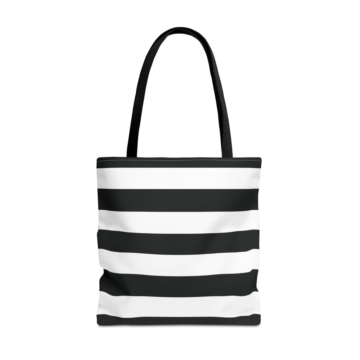 Black and white shoulder tote bag with horizontal stripes and black fabric handles perfect as a white shoulder tote