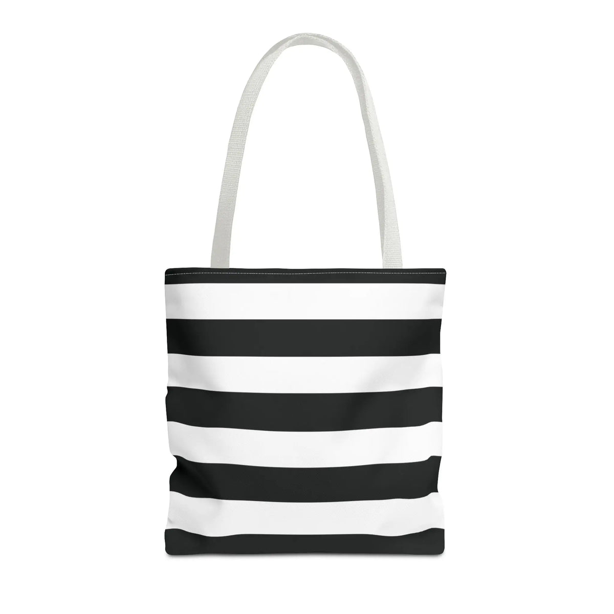 Black and white shoulder tote bag with horizontal stripes canvas material and matching white shoulder handles for beach or grocery use