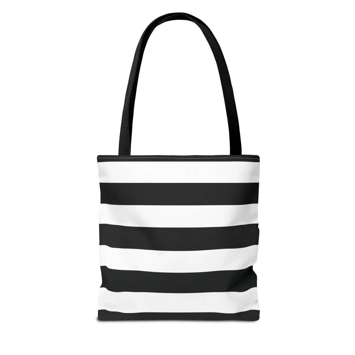 Black and white shoulder tote bag with horizontal canvas stripes and black fabric handles ideal for beach or groceries