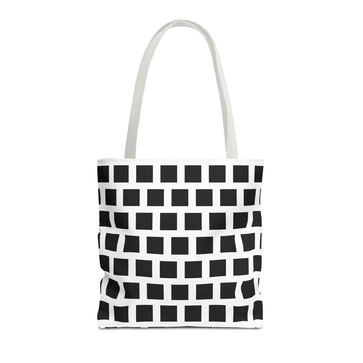 White canvas tote bag with black square pattern and matching white handles for versatile use