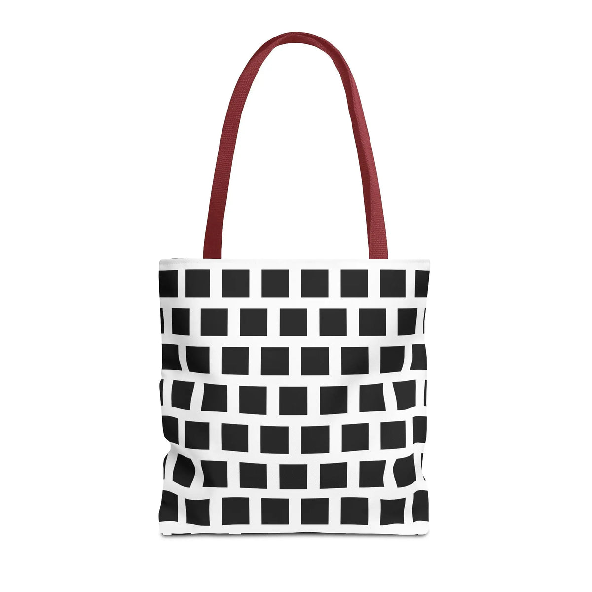 White tote bag with black square pattern and red handles versatile and durable shoulder bag
