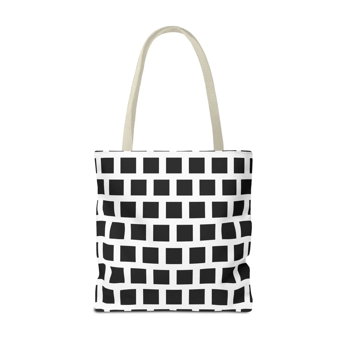 A white canvas tote bag with a black square pattern and light beige handles perfect for everyday use
