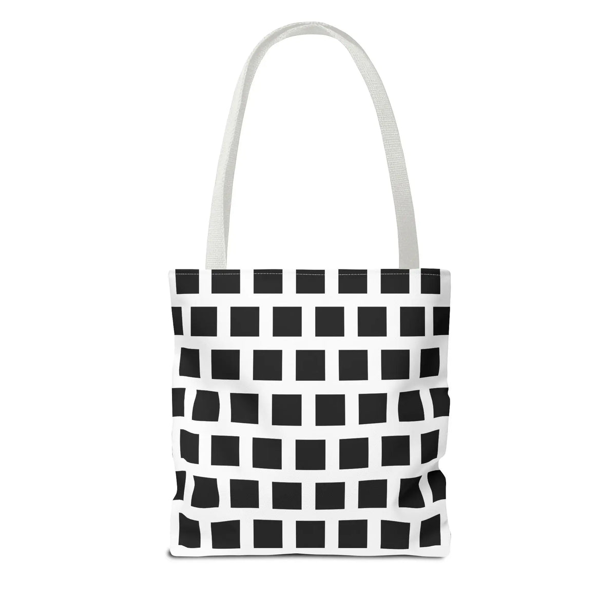 White canvas tote bag with black square pattern and matching white handles for versatile shoulder use