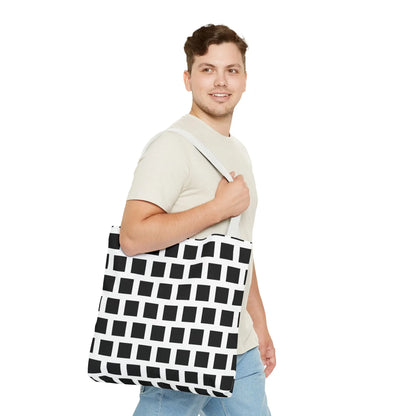 Black and white canvas tote bag with a durable black square pattern perfect for versatile everyday use