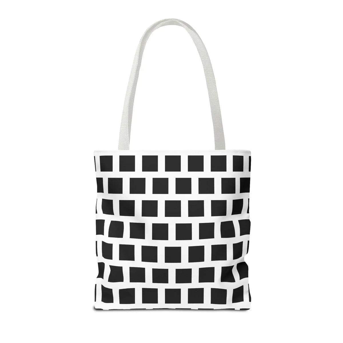 White canvas tote bag with black square pattern and matching white handles for versatile shoulder use