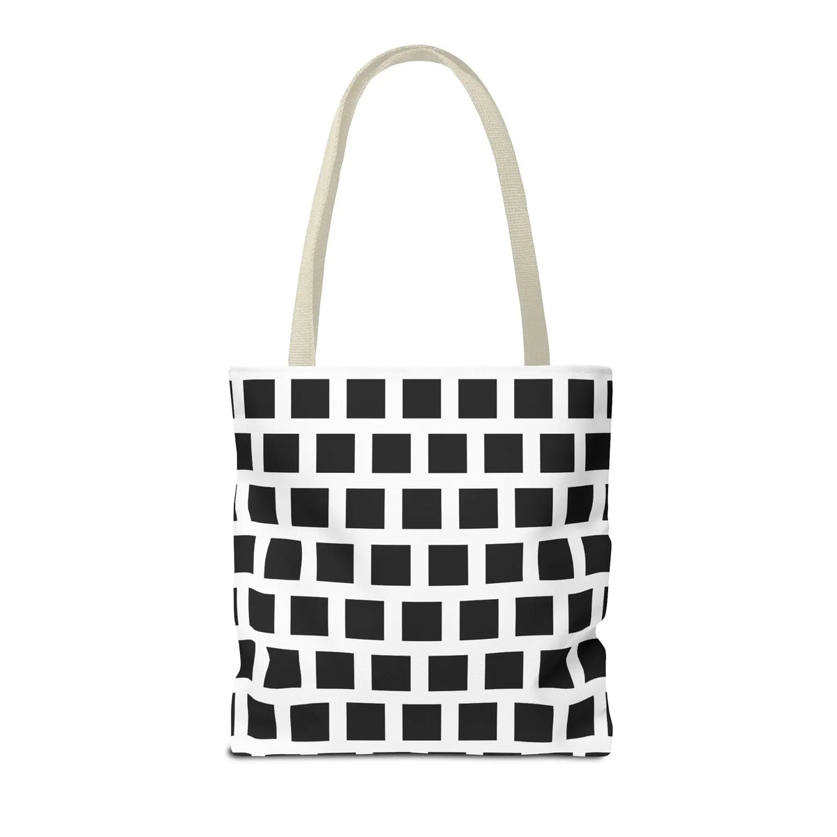 White canvas tote bag with black square pattern and off-white fabric handles for versatile shoulder use