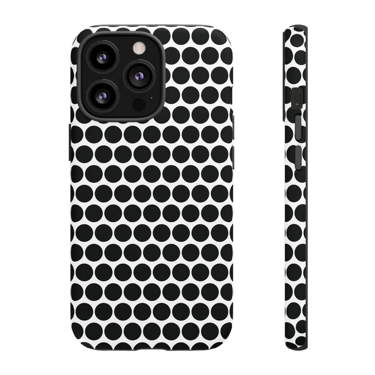 Black white dot pattern tough phone case with sleek modern design showing back side for iphone samsung google