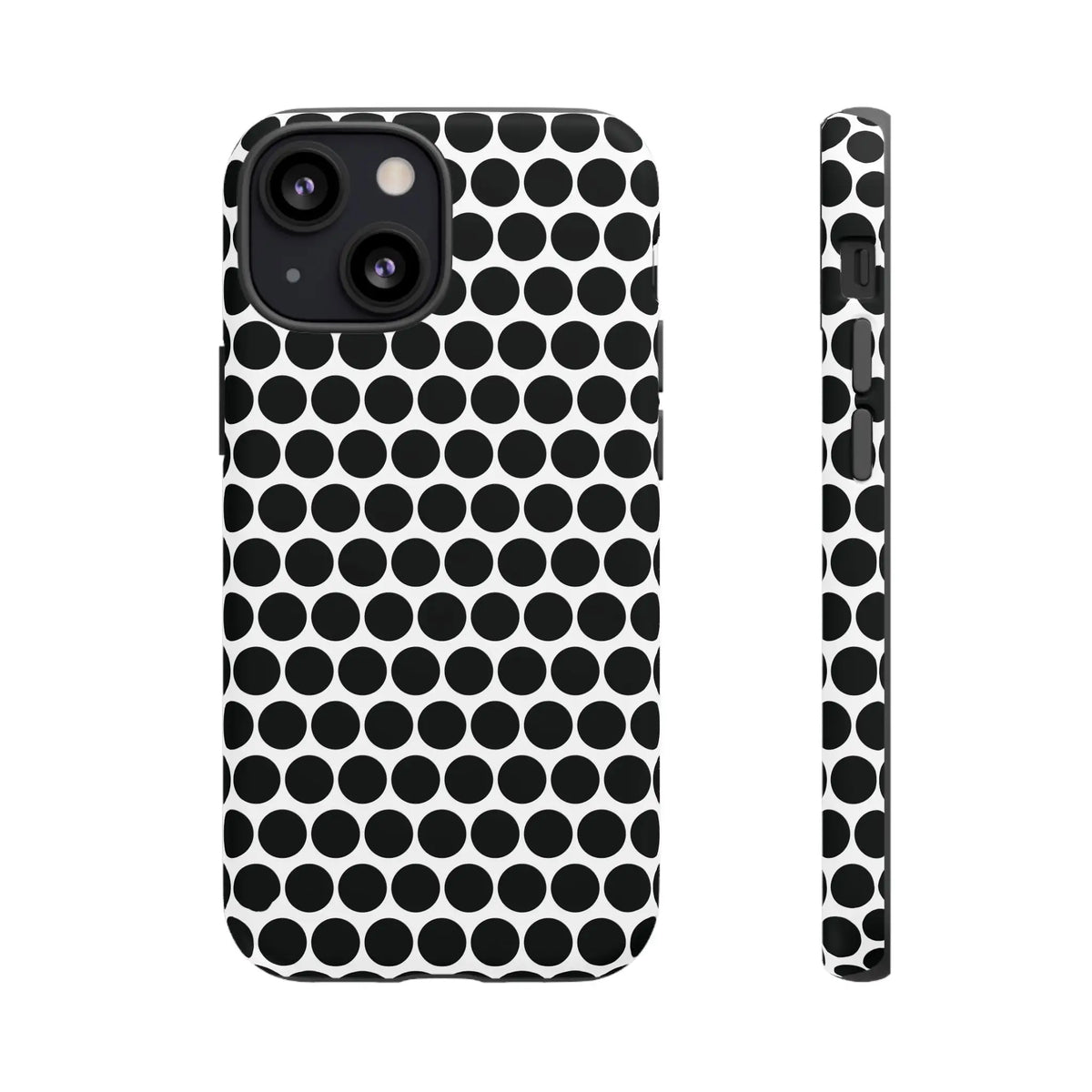 Black and white dot pattern tough phone case with sleek modern design shown from back side for iphone samsung google