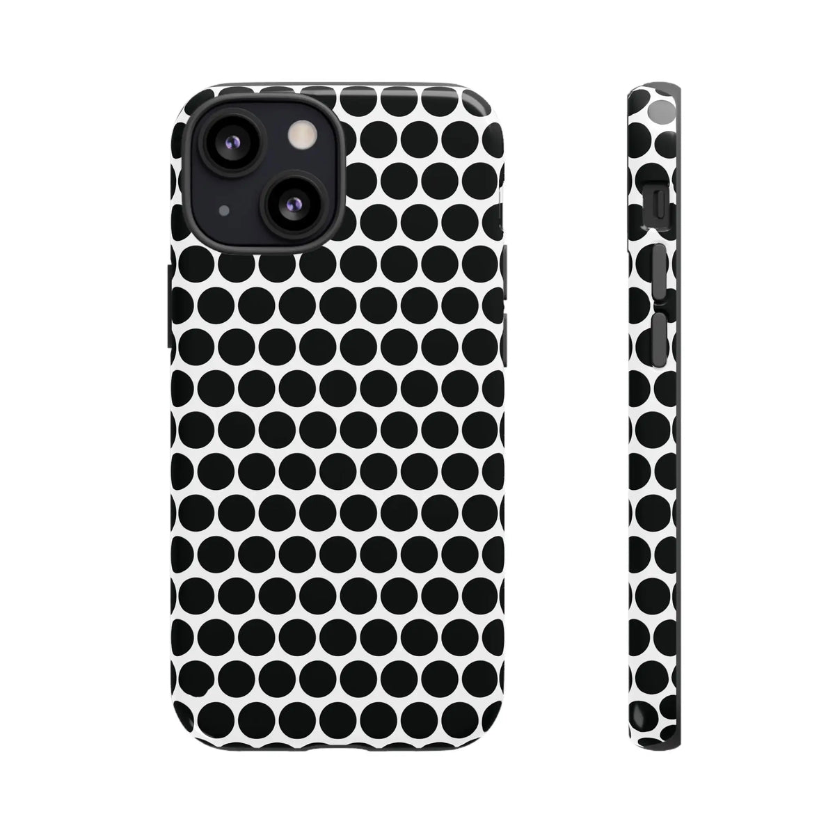 Black and white dot pattern tough phone case with sleek modern design shown from the back for iphone samsung google