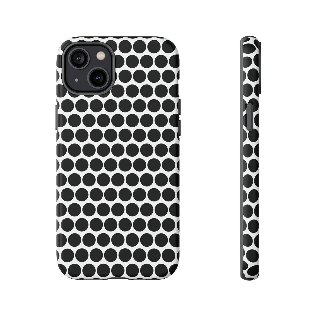 Black white dot pattern tough phone case showing back side with sleek modern design for iphone samsung google
