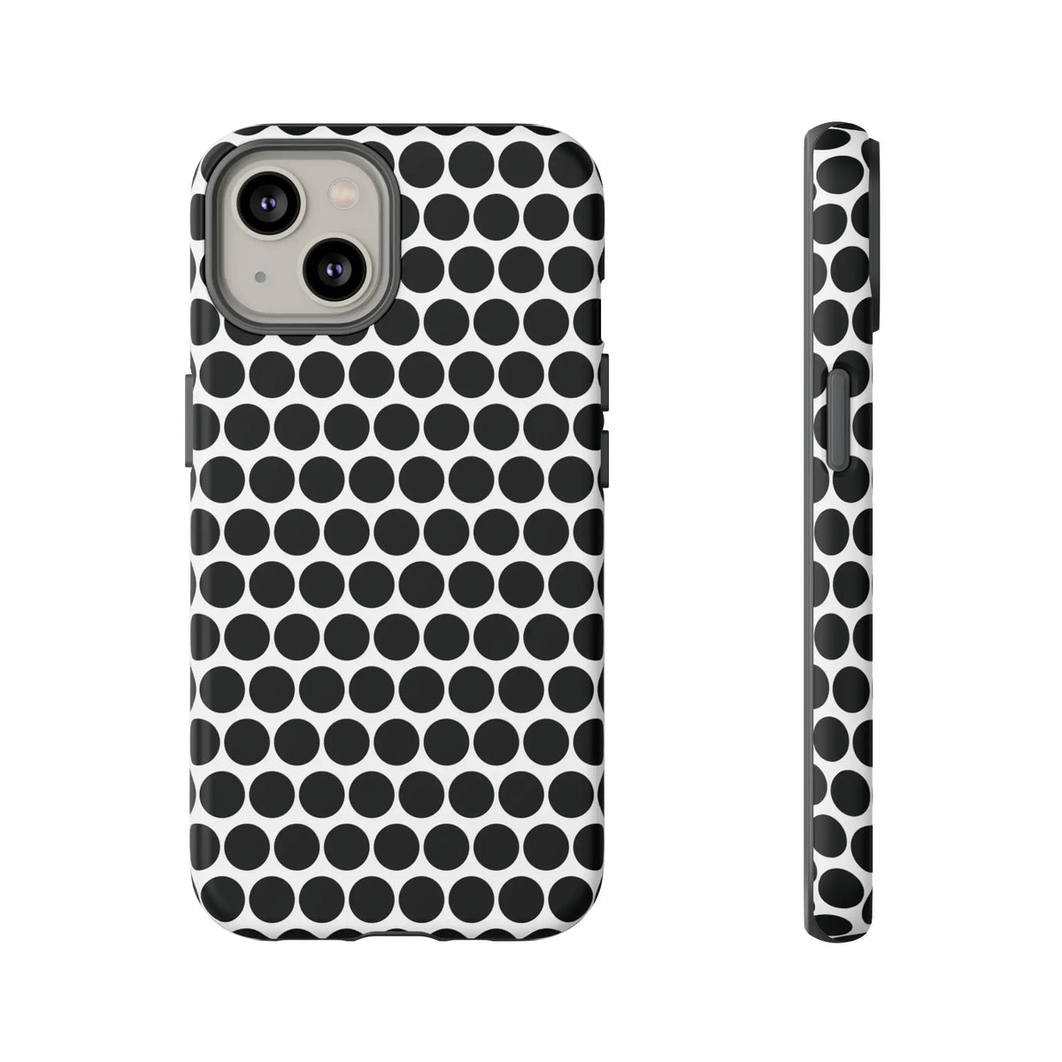 Black white dot pattern tough phone case for iPhone Samsung Google showing back with sleek protective design