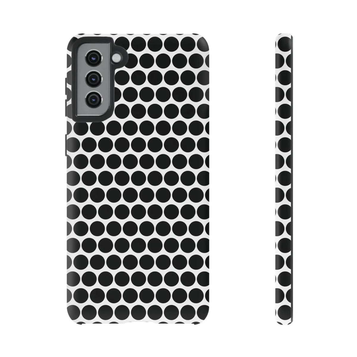 Black and white dot pattern tough phone case for samsung galaxy s21 showing the back side design