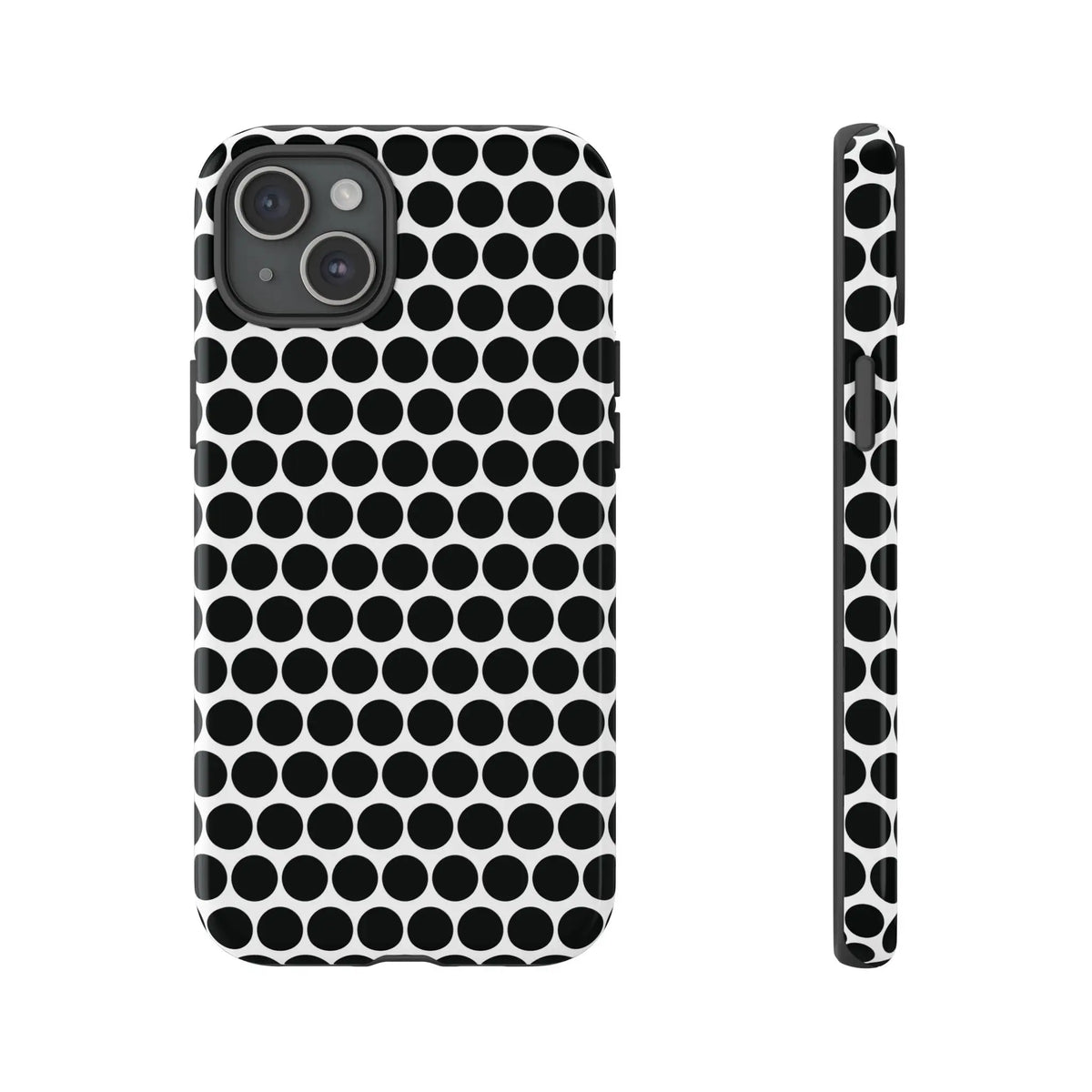 Black white dot tough phone case with sleek modern design and white dot pattern shown from back side