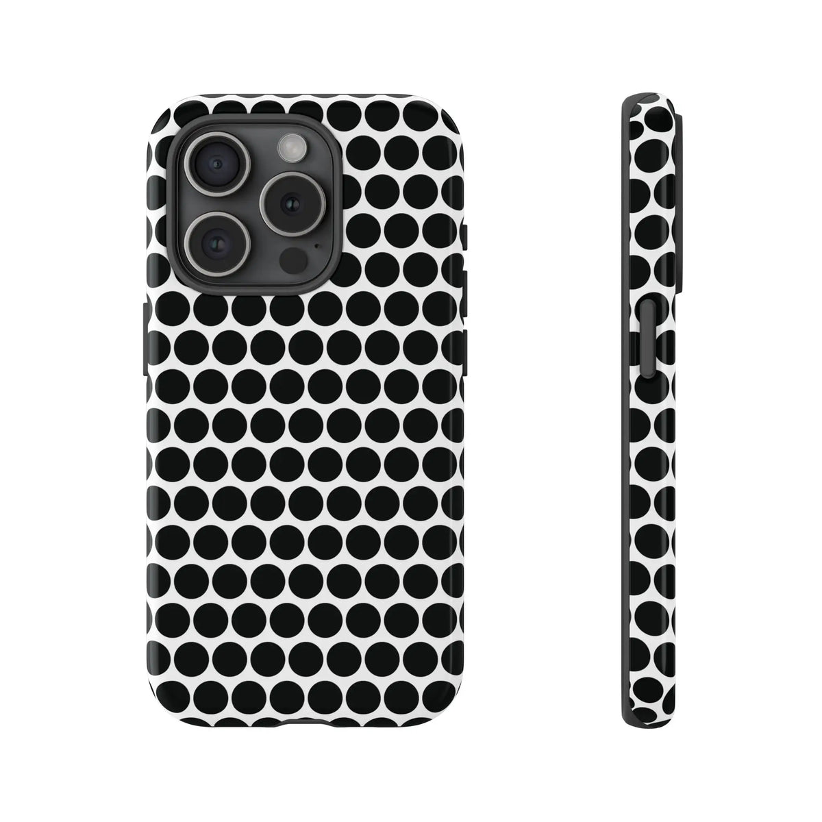 Back side of a black white dot tough phone case with white dot pattern for iphone samsung and google phones