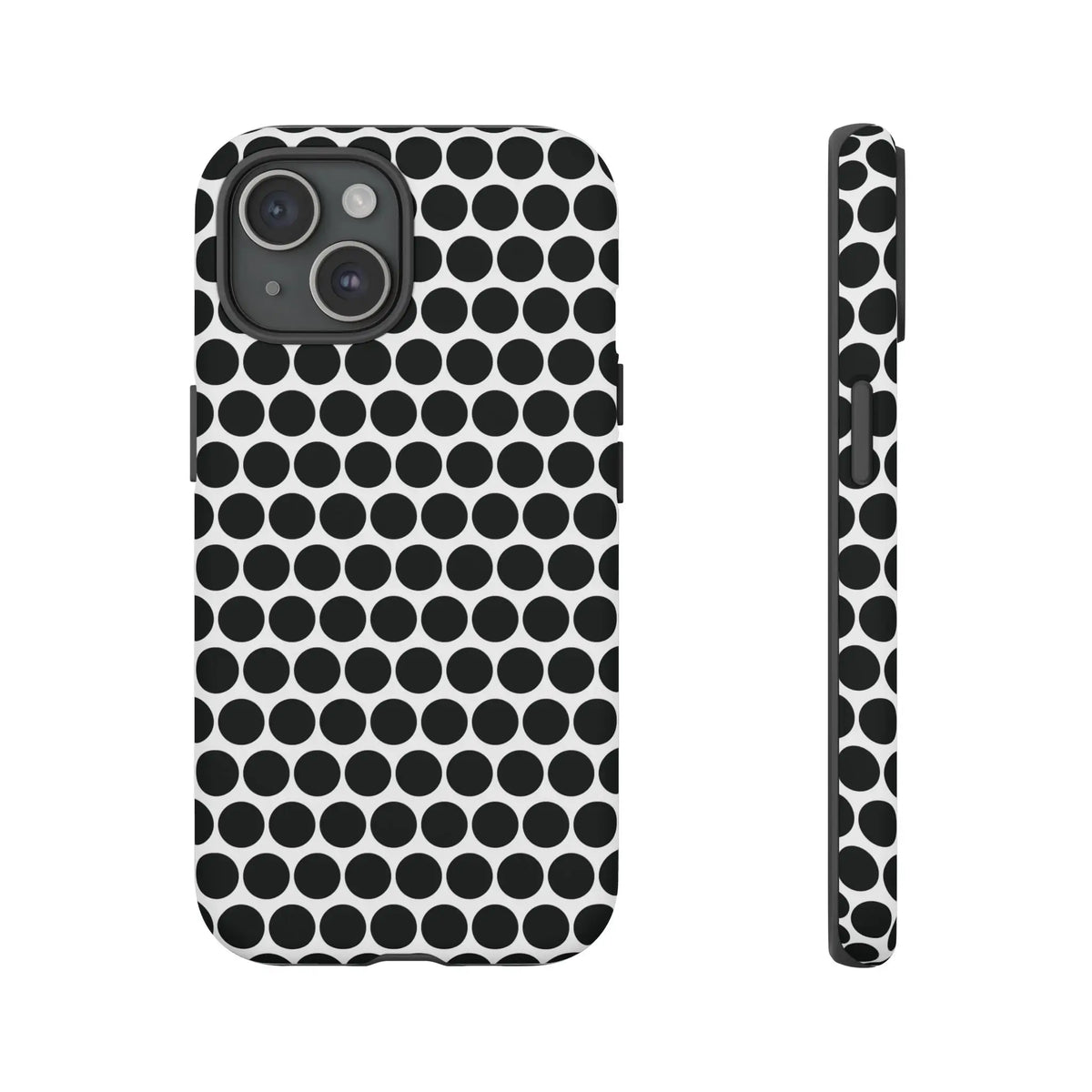 Black white dot pattern tough phone case with sleek modern design shown from the back for iphone samsung google