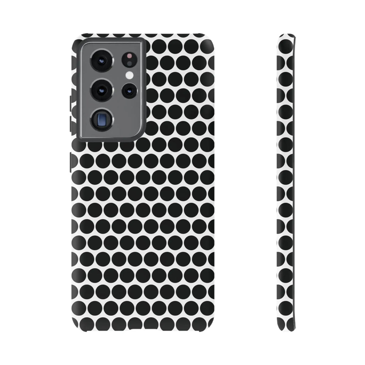 Black white dot pattern tough phone case with sleek modern design showing the back for iphone samsung google models