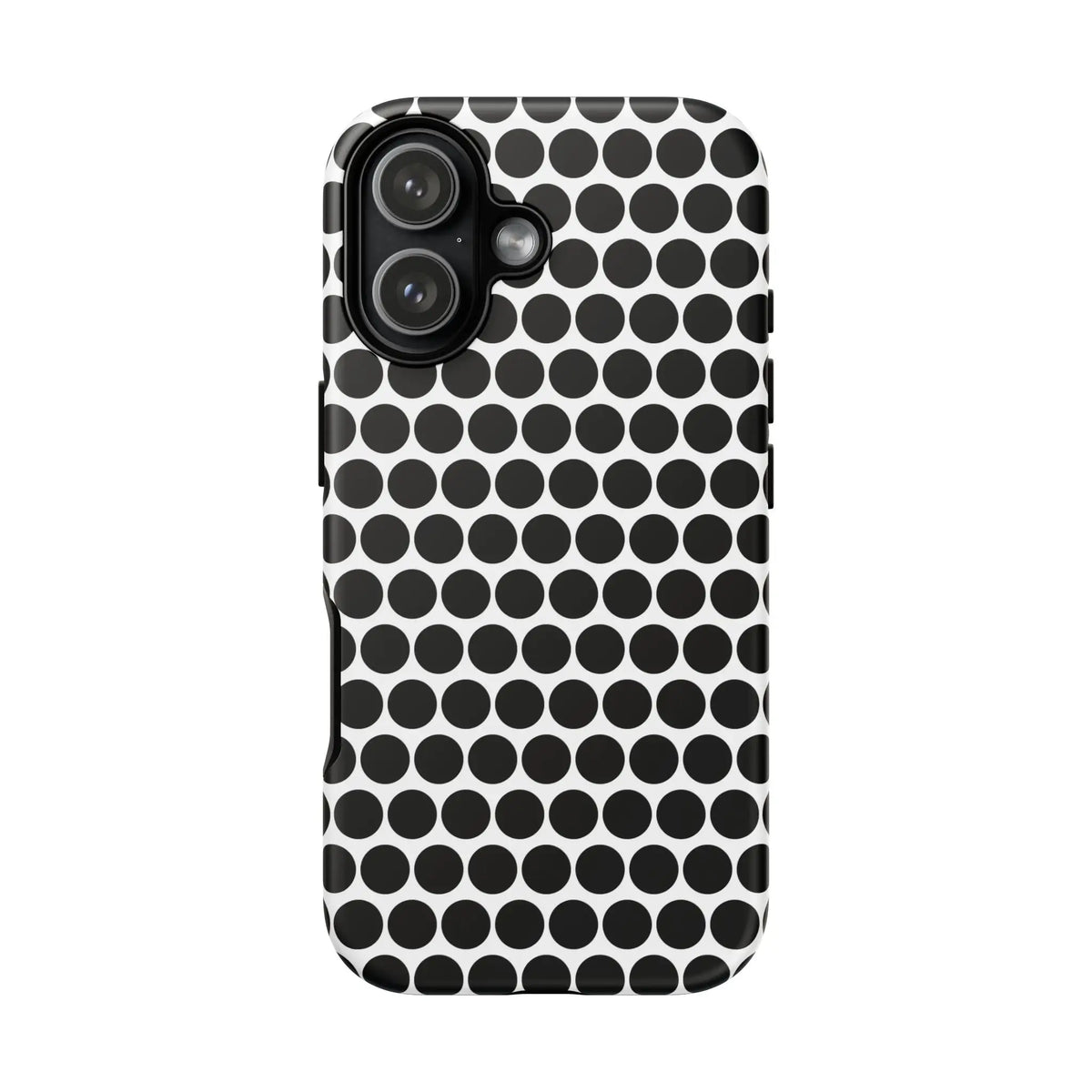 Black white dot phone case with sleek modern design featuring a white dot pattern tough cover for iPhone Samsung Google back view