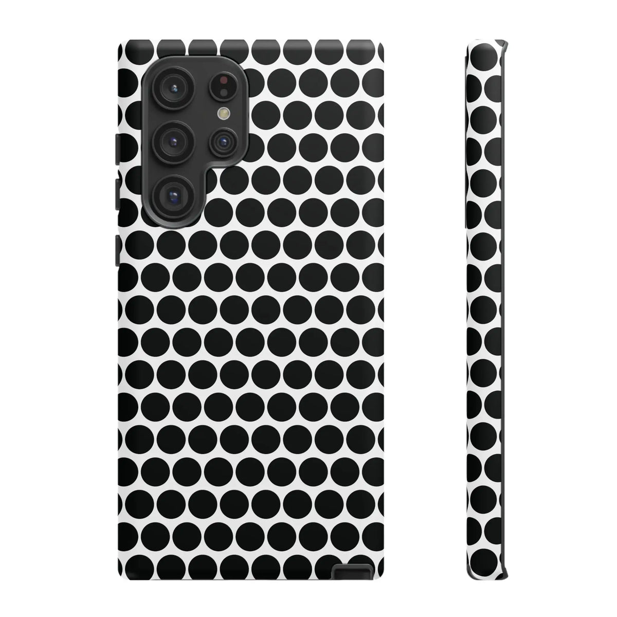 Back side of a black white dot pattern tough phone case with sleek modern design for iphone samsung google models