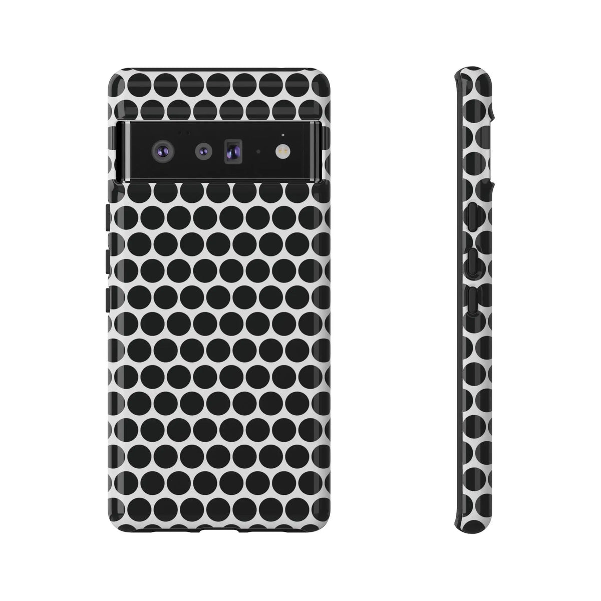 Black white dot pattern tough phone case with sleek modern design shown from the back for iphone samsung google