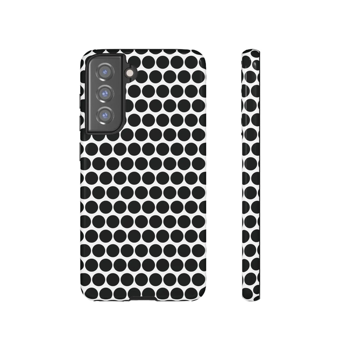 Back side of a black white dot pattern tough phone case featuring a sleek modern design for iphone samsung google