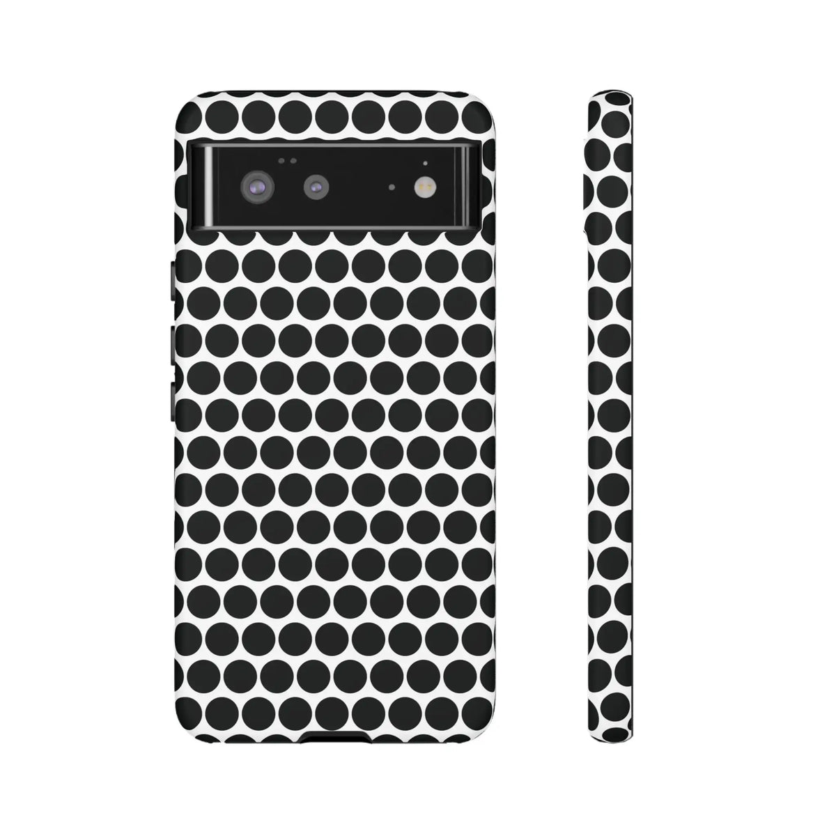 Black and white dot pattern tough phone case with sleek modern design shown from the back for iphone samsung google