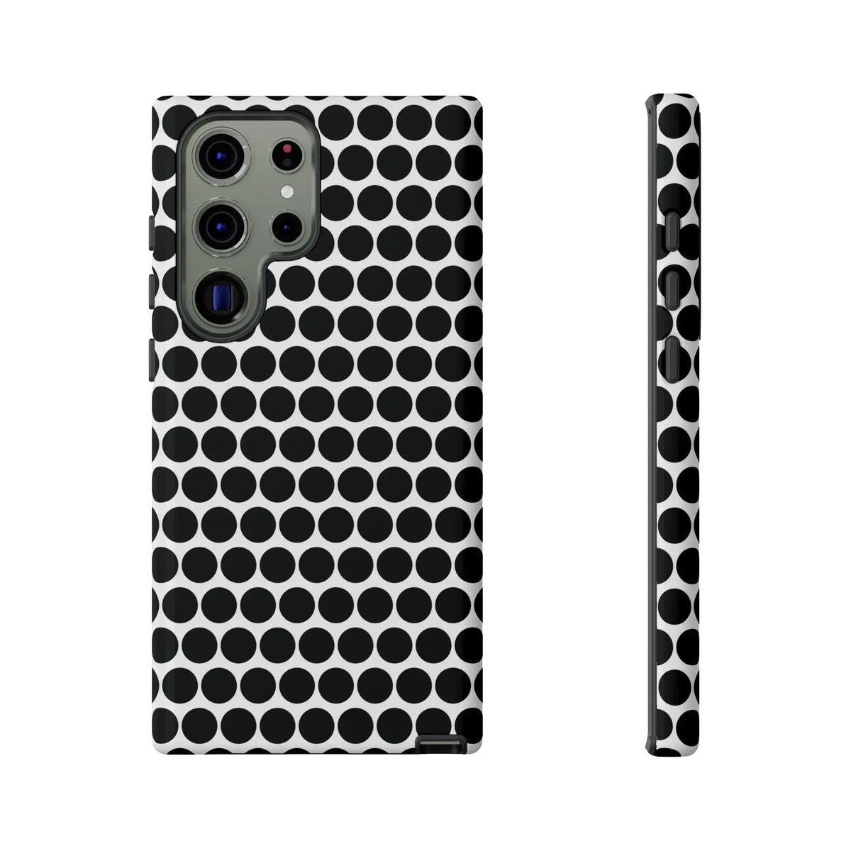 Back side of a black white dot pattern tough phone case with sleek modern design for iphone samsung google