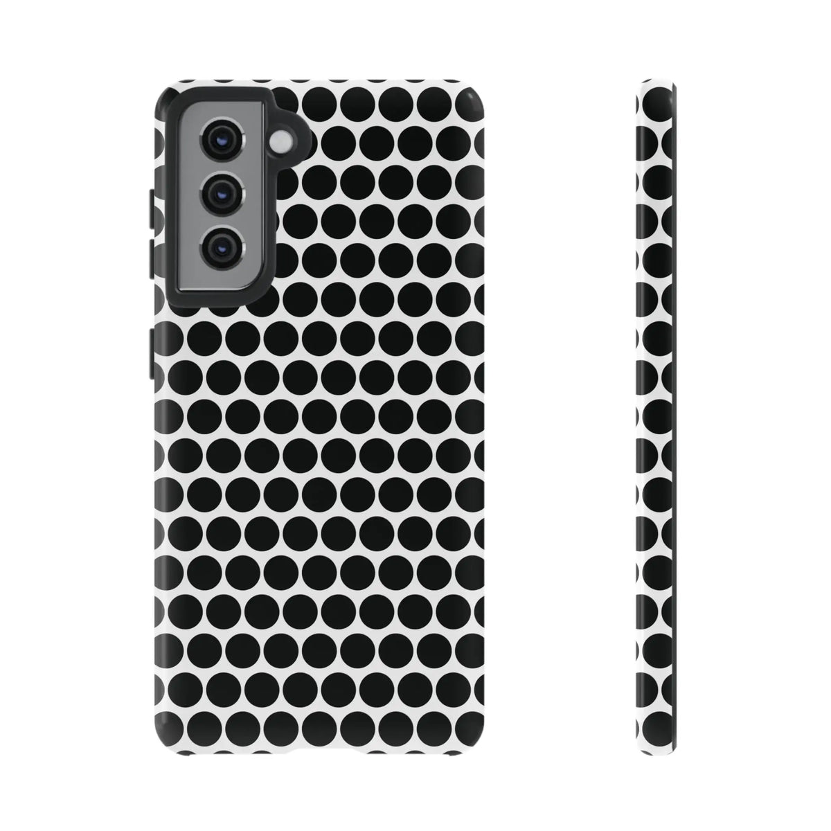 Black white dot pattern tough phone case for samsung galaxy s21 showing the back side of the durable design