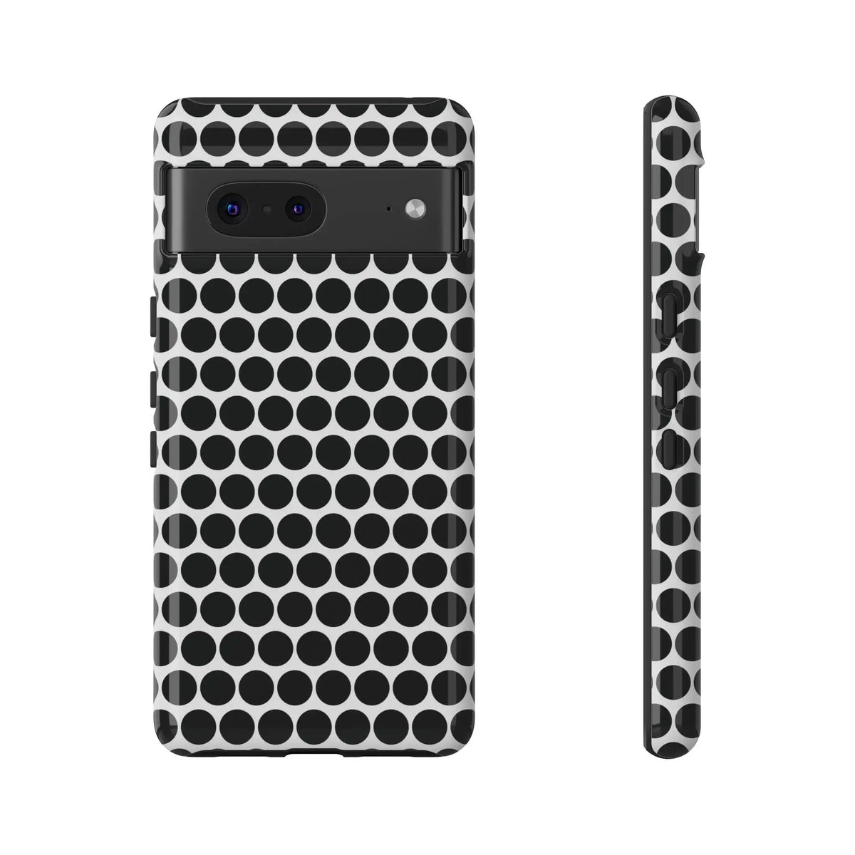 Back side of black white dot tough phone case with white dot pattern for iphone samsung google with sleek design