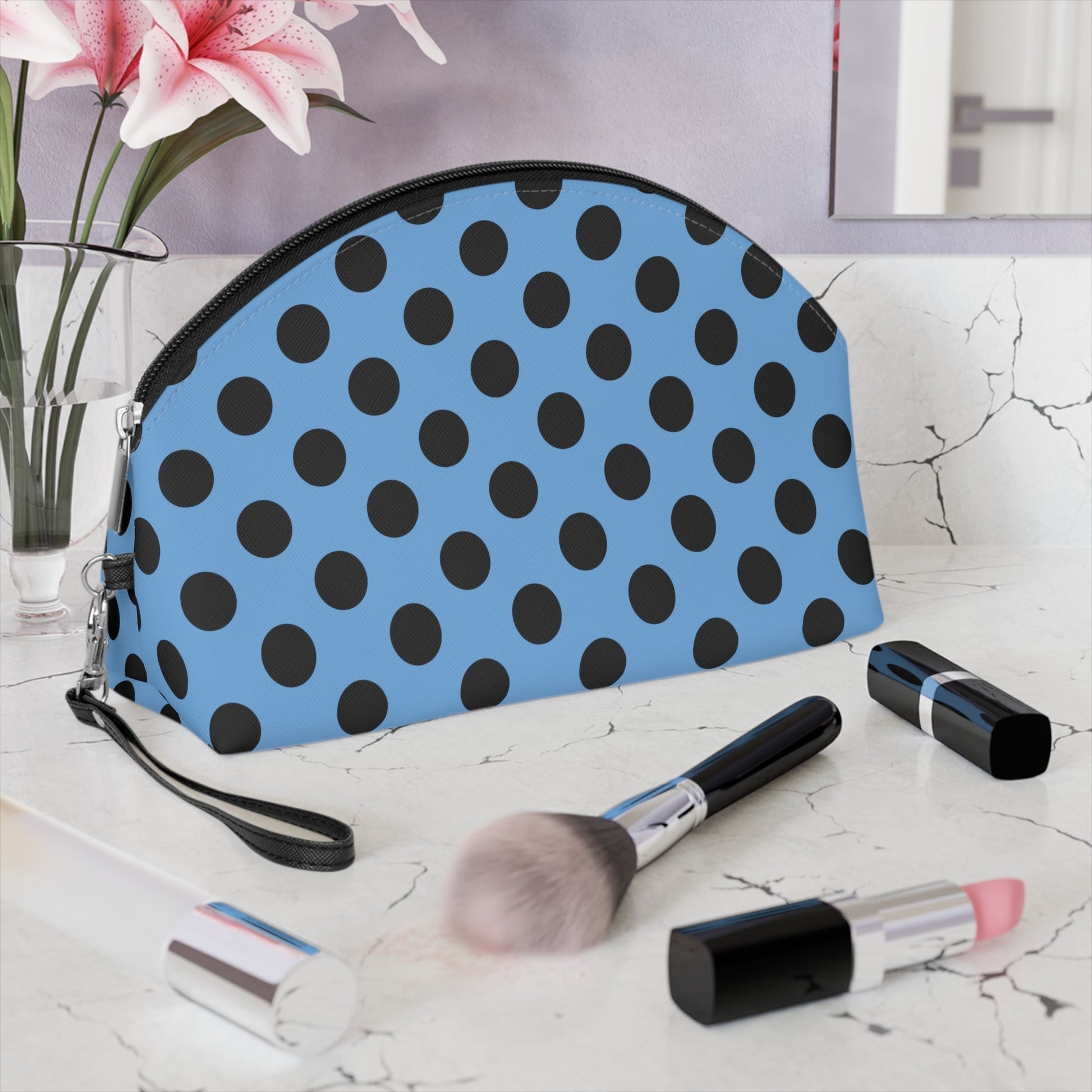 Blue Black Polkadot Makeup Carry Bag