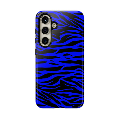 Vibrant blue wild tiger print phone case cover with glossy finish showing back side for iphone galaxy s and pixel phones