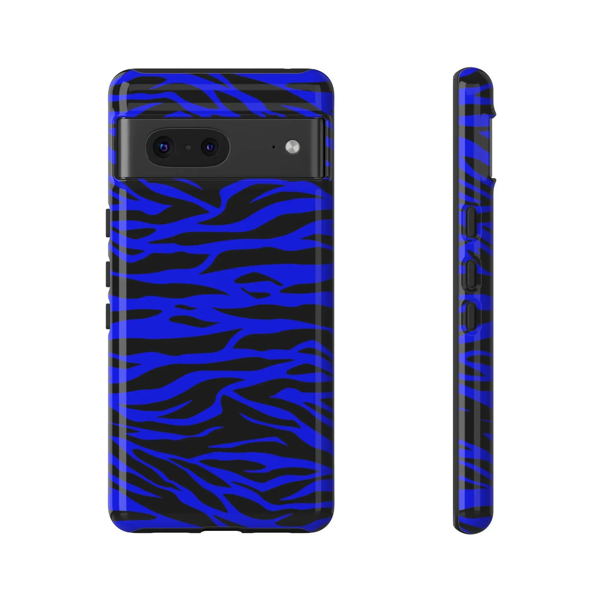 Blue wild tiger print phone case cover for iphone galaxy and pixel phones with glossy blue and black zebra stripes back view