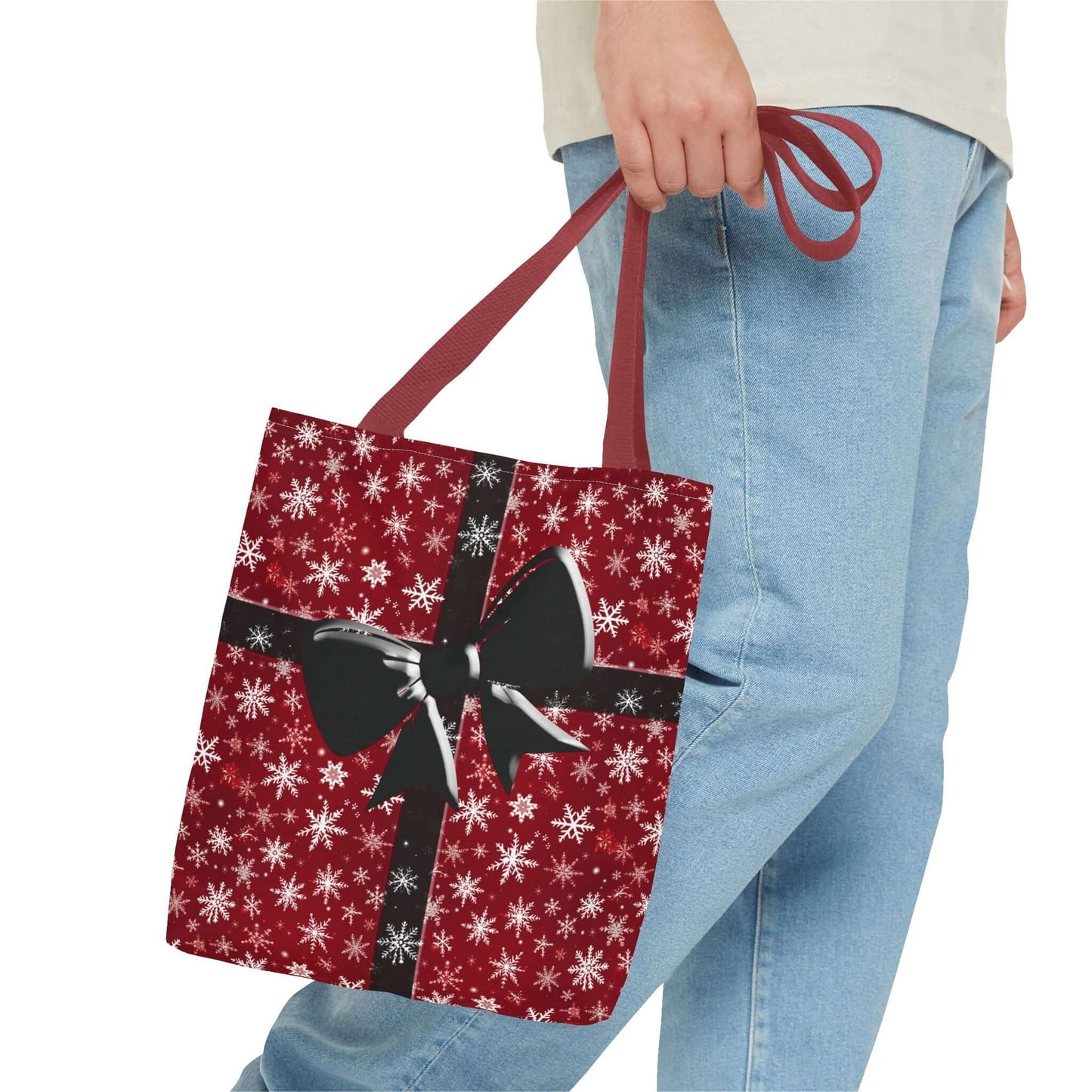 Red Christmas present Black bow Tote bag red handle