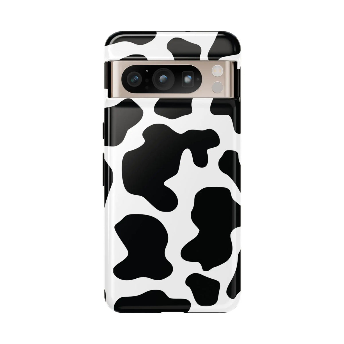 Black cow print protective phone case showing the back side with a white and black cow pattern design