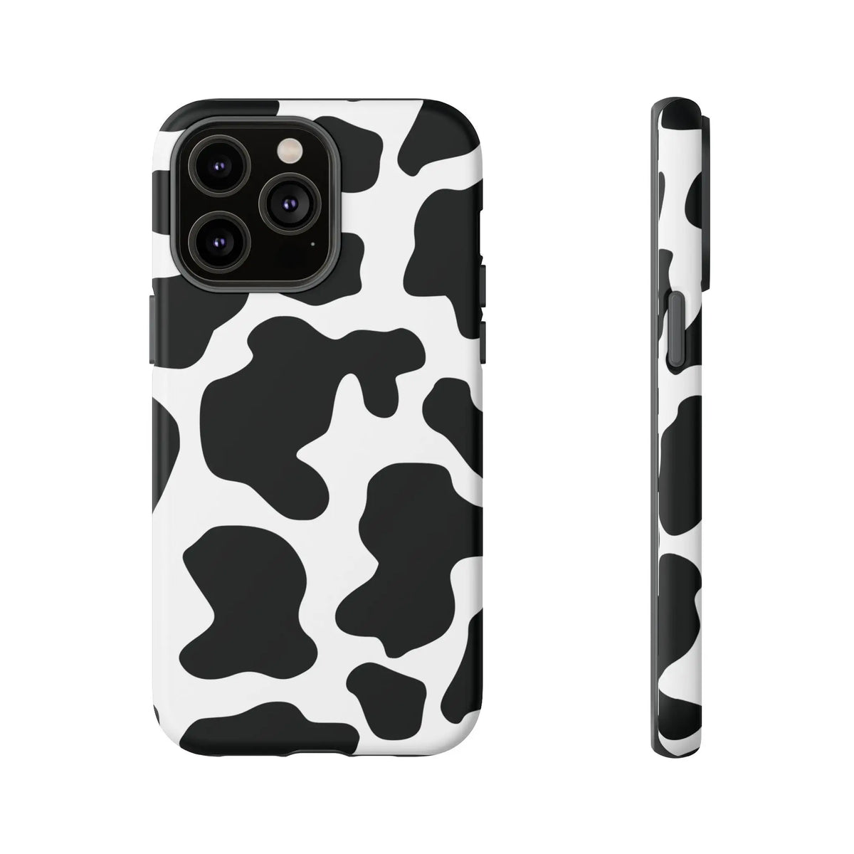 Black cow print phone case with protective cover featuring classic black and white cow print design on back side