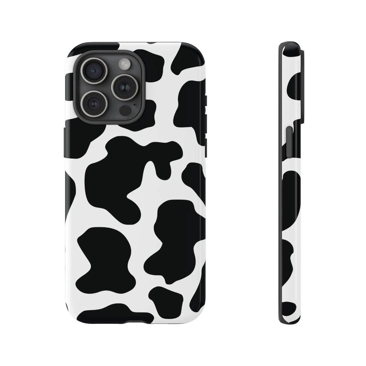 Black cow print phone case showing the back side of a protective cow print phone cover with black and white spots