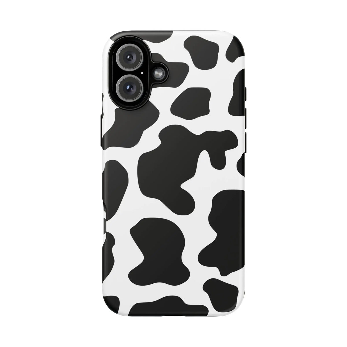 Black cow print phone case showing the back side of a protective print phone case with black and white cow pattern