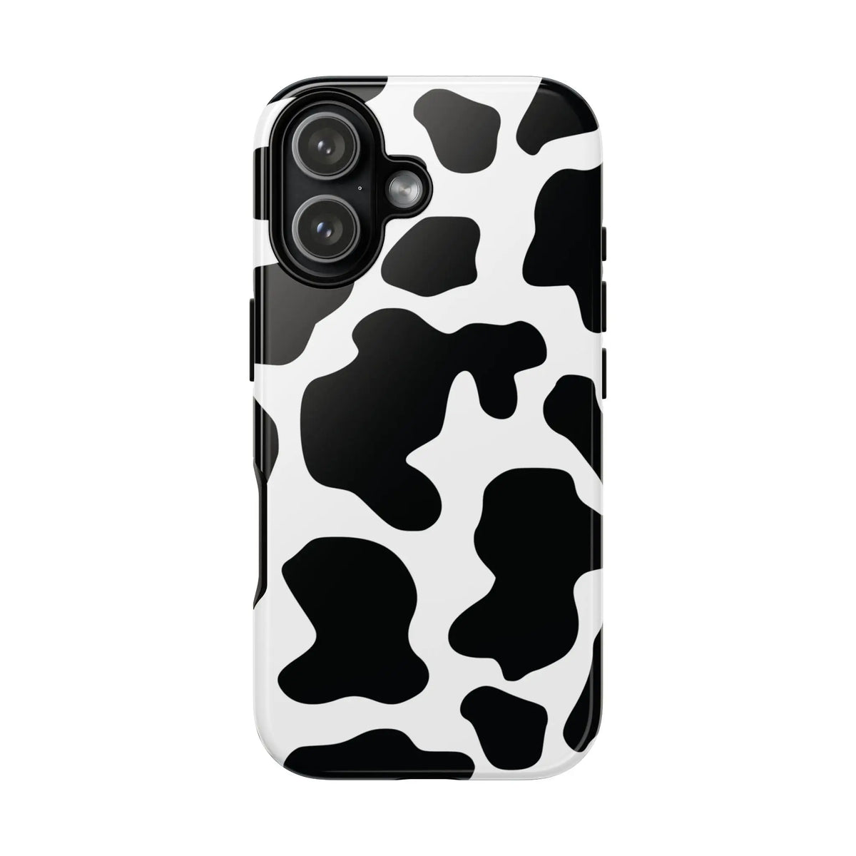 Black cow print phone case showing the back side with a protective black and white cow pattern cover