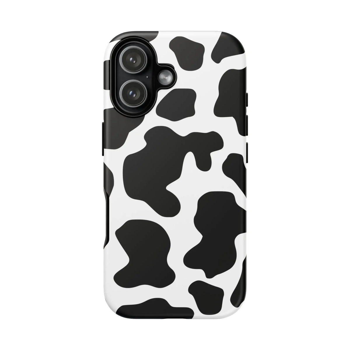 Black and white cow print phone case showing back side with protective black cow print design for phone use
