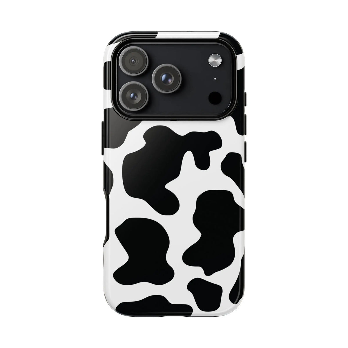 Black cow print phone case with sleek protective design shown from the back in black and white cow pattern