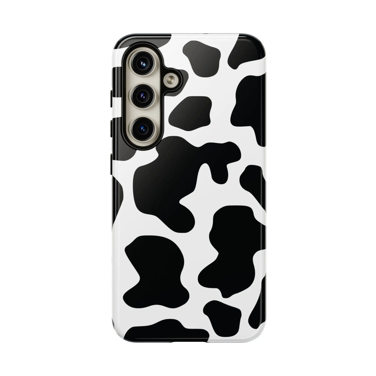 Black cow print phone case showing the back side with protective black and white cow pattern design