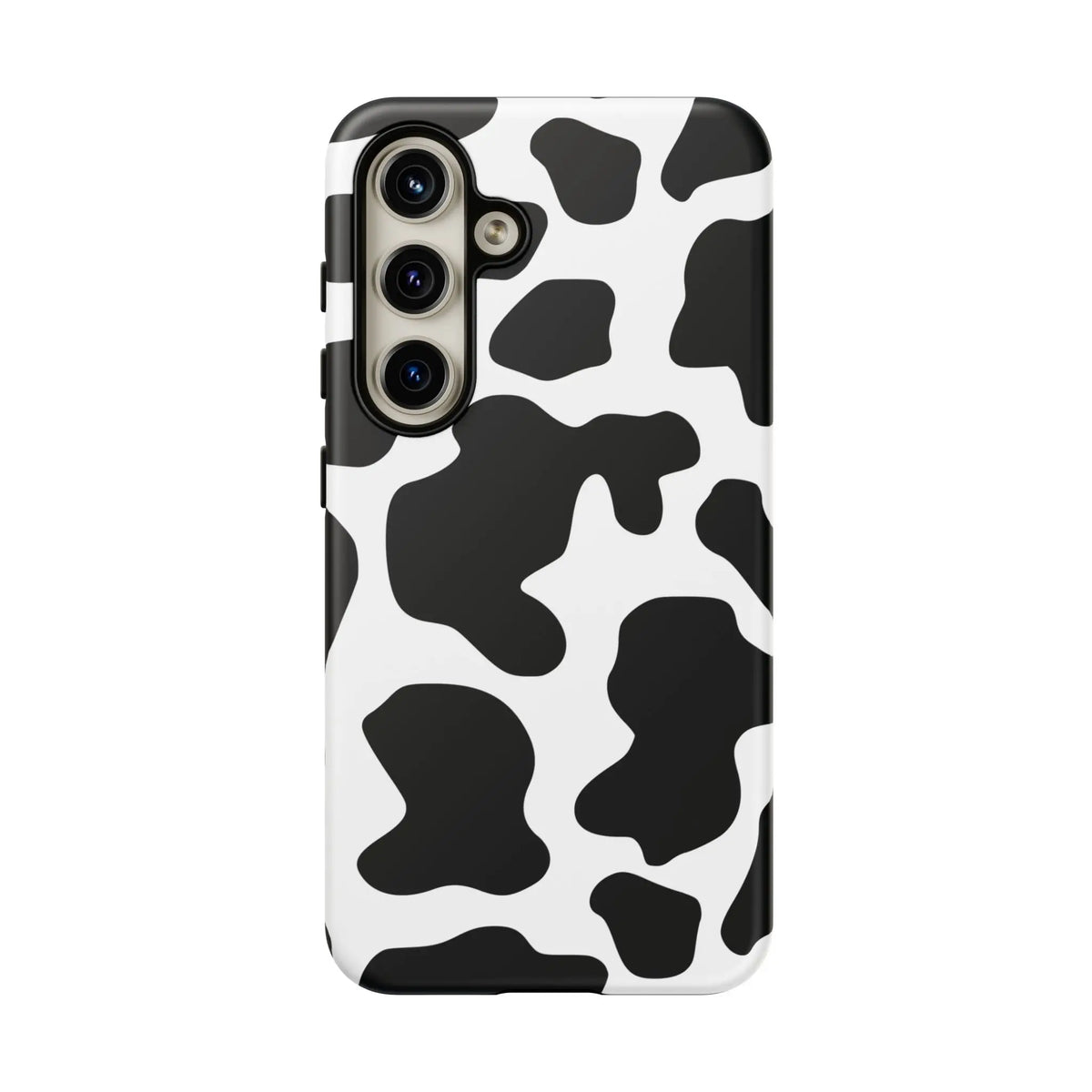 Black cow print phone case showing the back side with protective cow print phone cover design in black and white