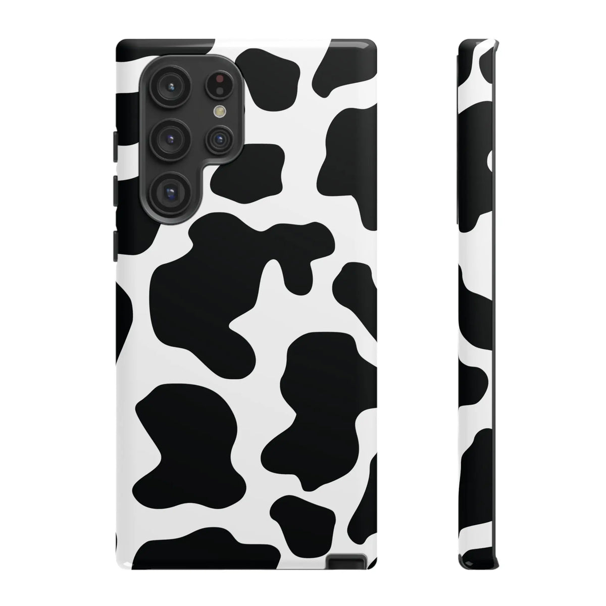 Black cow print phone case with protective cover featuring a black and white cow print pattern on the back side