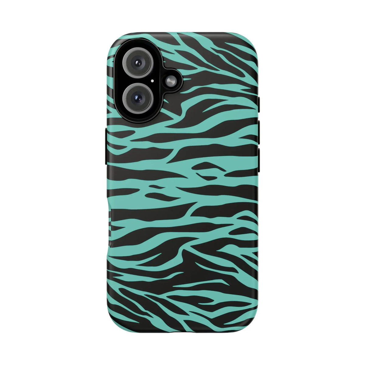Back side of a sleek phone case with a bold turquoise and black wild tiger print pattern for iphone galaxy and pixel phones