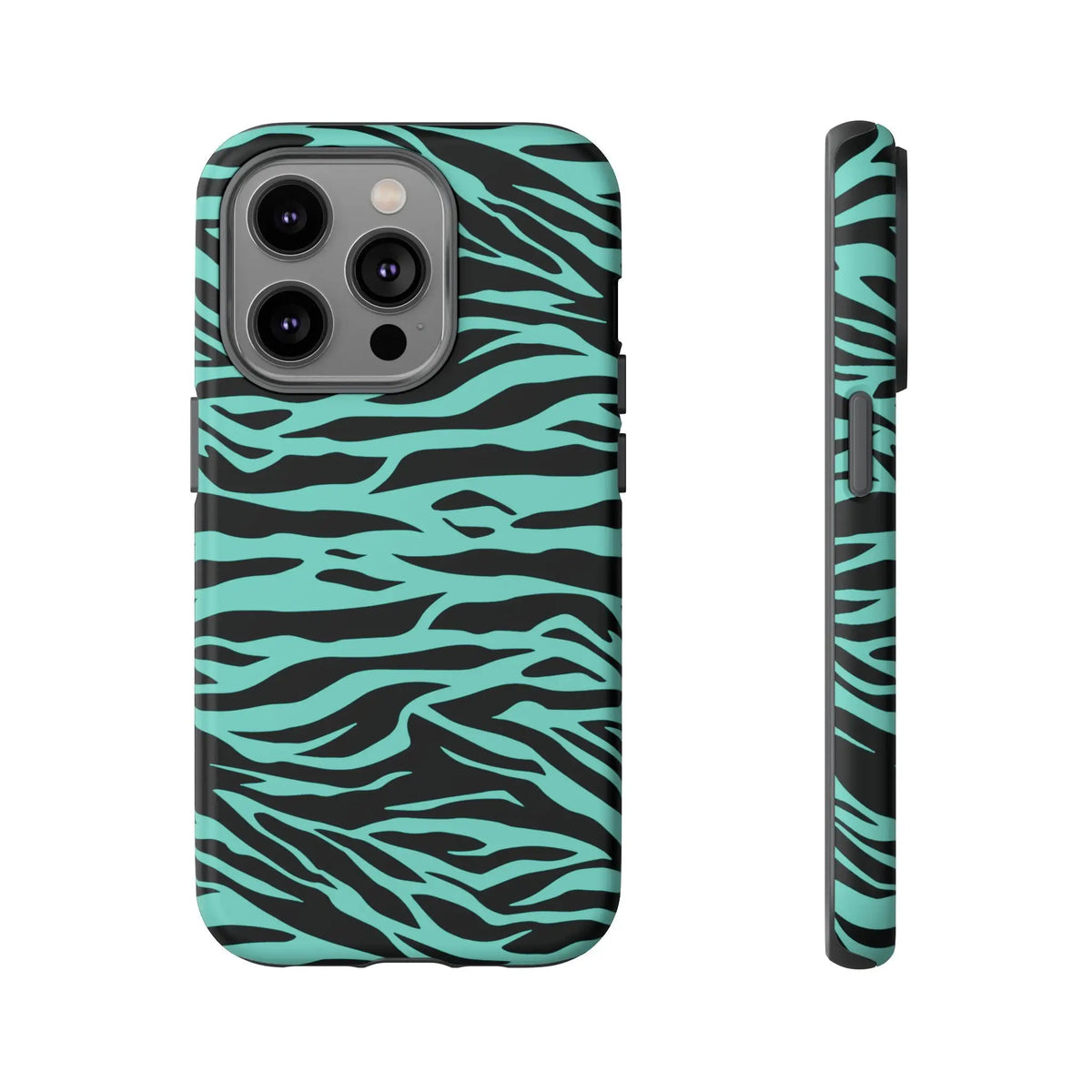 Back side of a sleek turquoise and black zebra-print matte phone case for iphone 13 pro with wild tiger print pattern