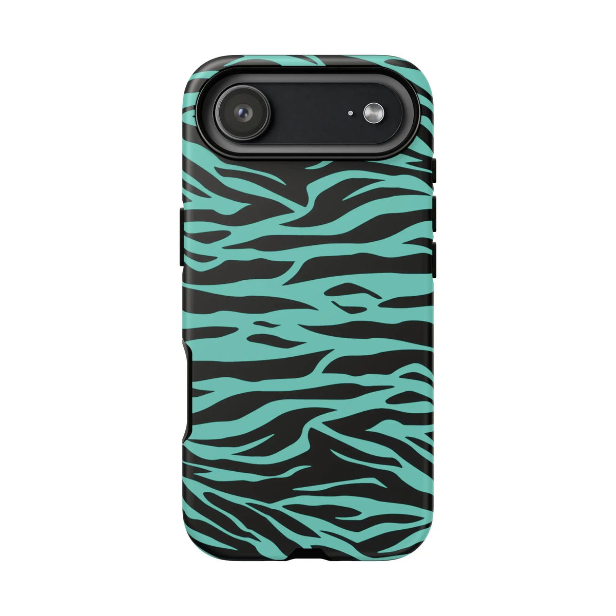 Back side of a teal and black zebra-striped phone case with a sleek protective design featuring a wild tiger print pattern