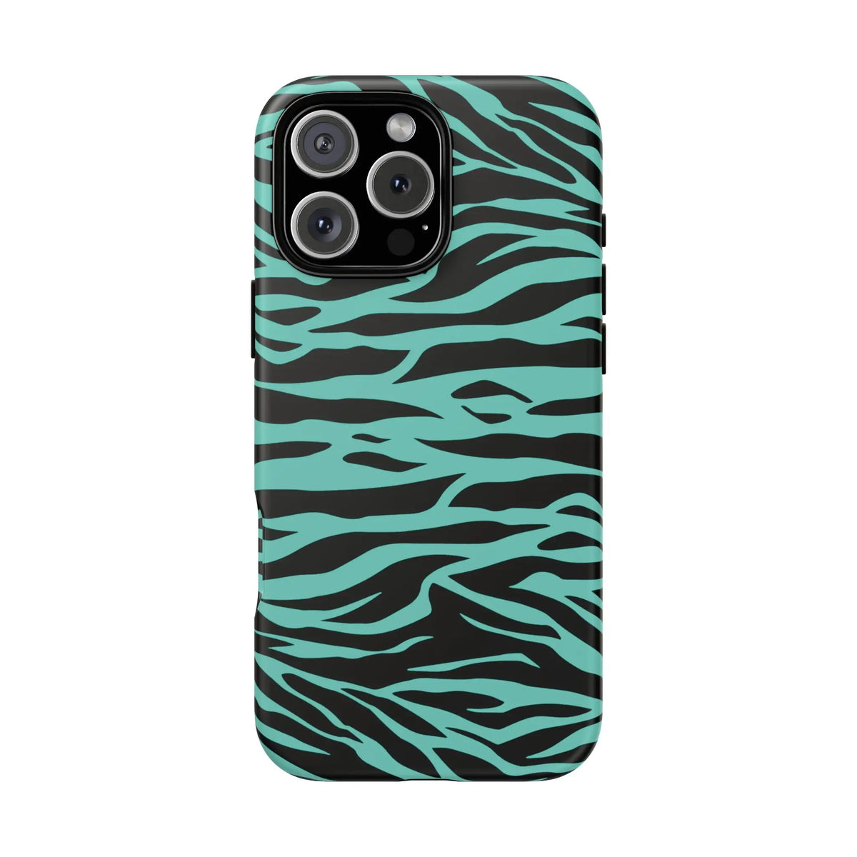 Back side of a teal and black zebra-striped phone case with wild tiger print pattern for iphone galaxy s and pixel phones