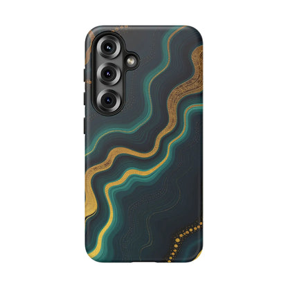 Back of a sleek geode phone protector with teal and gold marbled patterns on a dark background for stylish phone protection