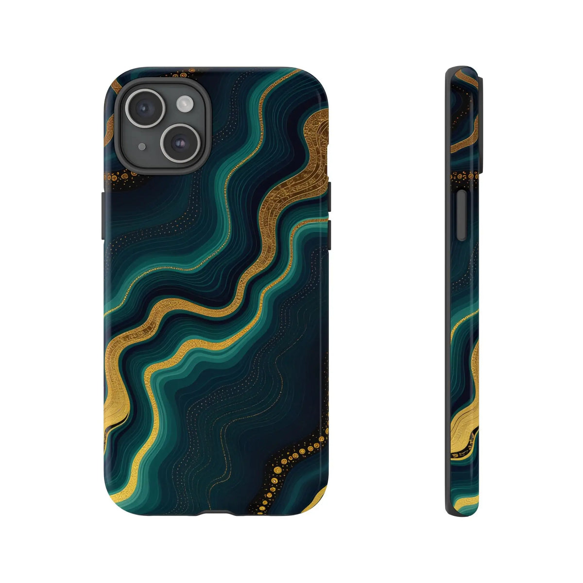 Back side of a sleek geode phone protector with deep teal and gold swirling patterns on a dark navy background