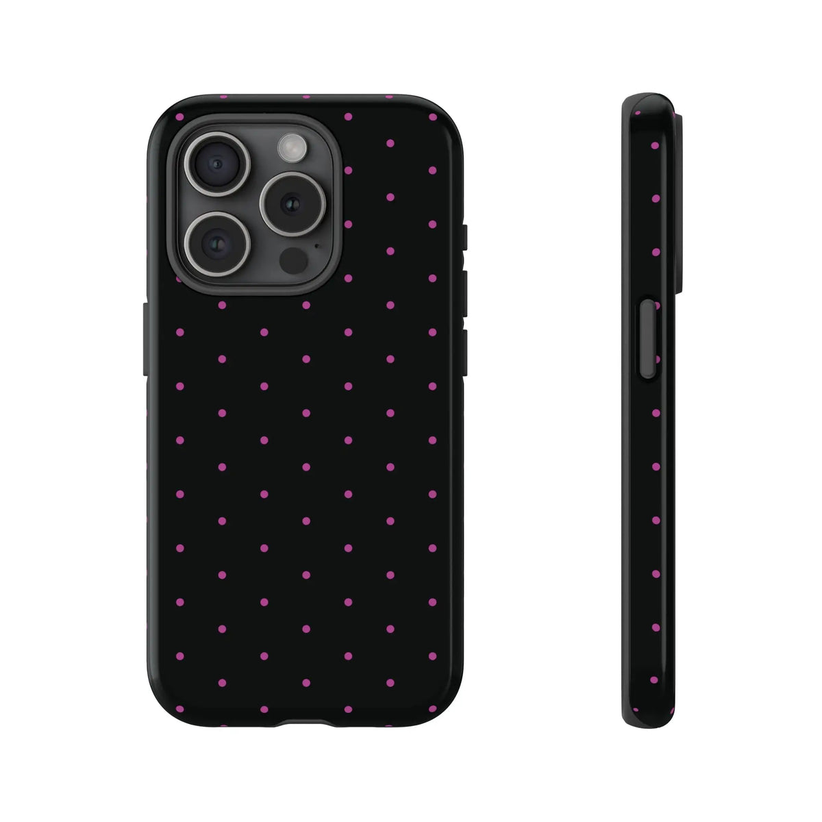 Elegant Pink Dot Black Tough Phone Case Stylish Accessories, - iPhone 15 Pro / Glossy - Mobile Phone Cases